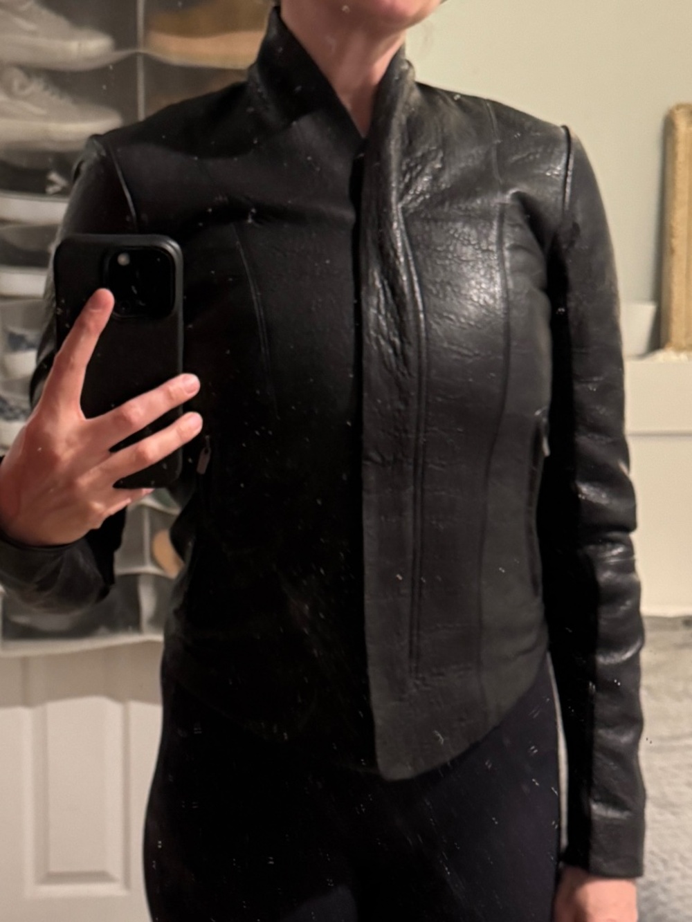 VEDA Dallas Collarless Moto Jacket Premium Lambskin Leather Black P/XS